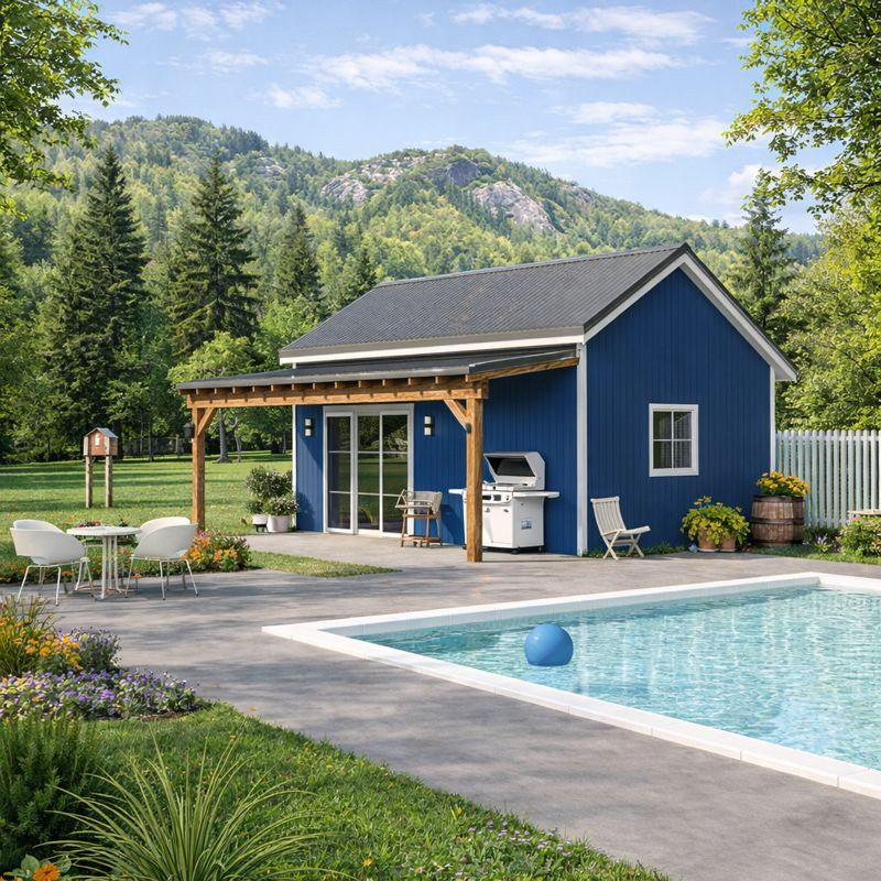Pool Houses & Cabanas Plans- Backyard Shed with Covered Porch Blueprints