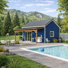 Pool Houses & Cabanas Plans- Backyard Shed with Covered Porch Blueprints