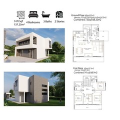 Modern House Floor Plan Design 4Bedroom 3Bathroom + Flat Roof, 1477sqf/137.25m2