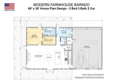 Farmhouse Barndo House Plan – 68×38, 3 Bed 3 Bath with 2-Car + RV Garage – Moder