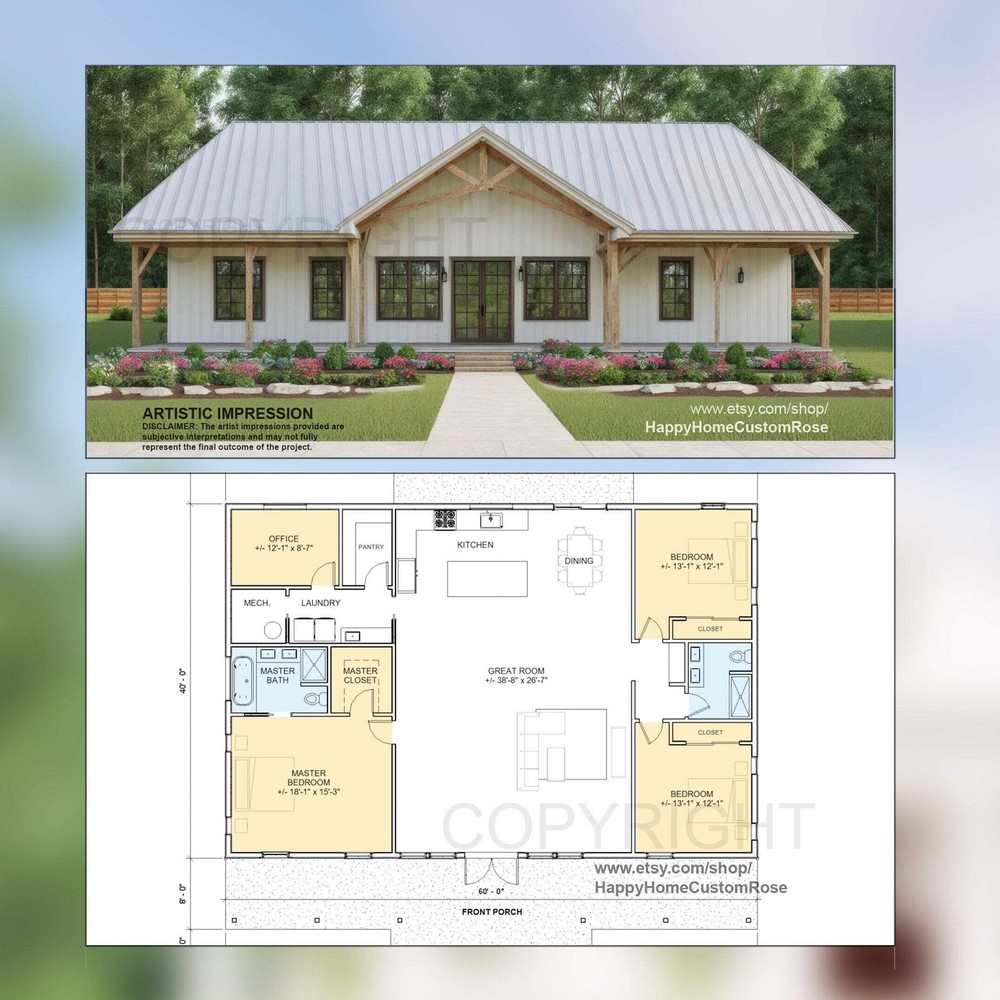 Farmhouse Barndominium – 40′ x 60′ House Plan Design – 3 Bed 2 Bath – Drawings B