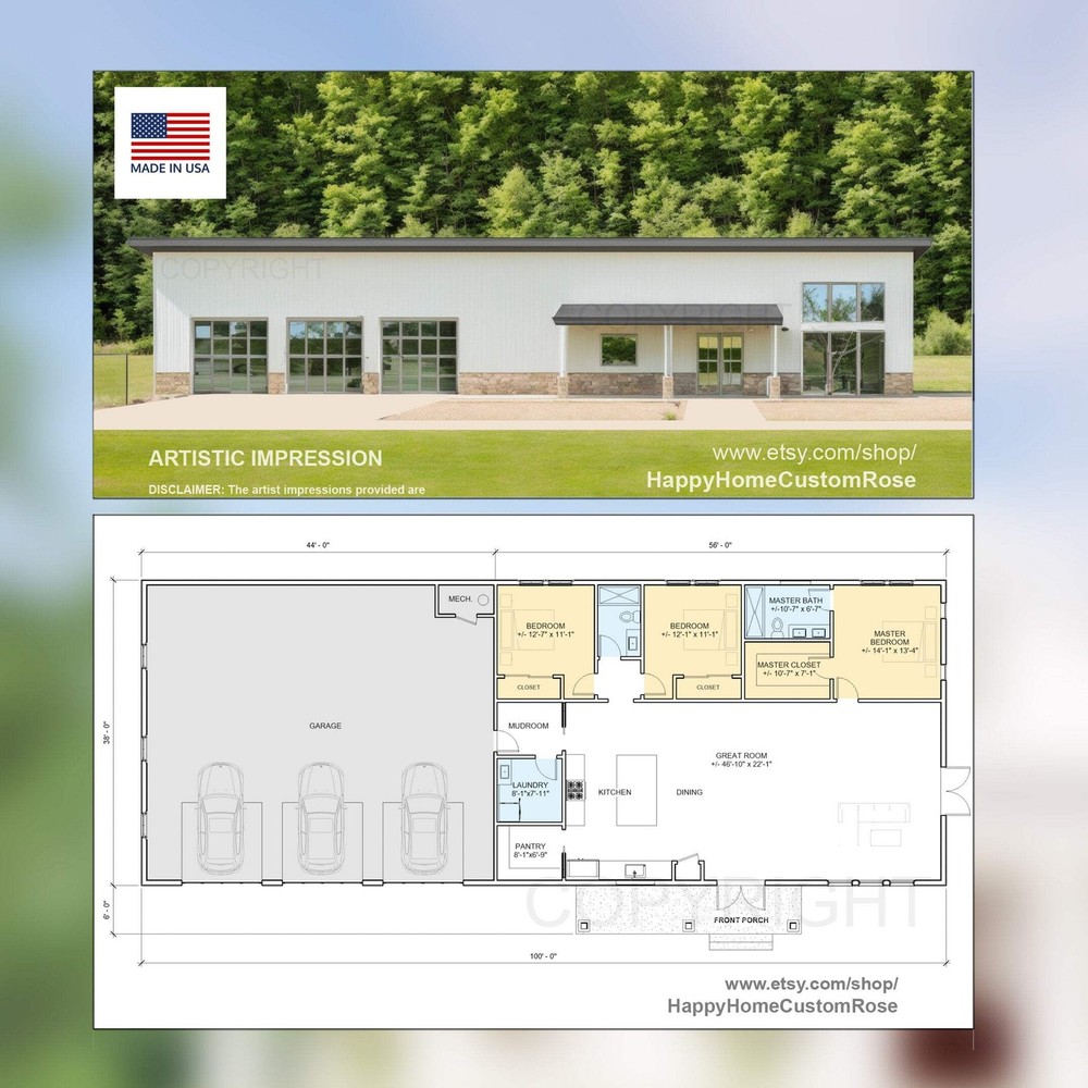 High Ridge Farmstead House Plan – 100×38, 2135 SF, 3 Bed 2 Bath with 3-Car Garag