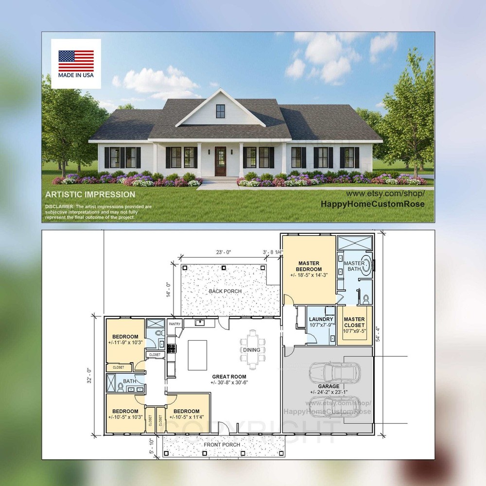 Country Estate Farmhouse House Plan – 2305 SF, 4 Bed 3 Bath – Modern Open Floor