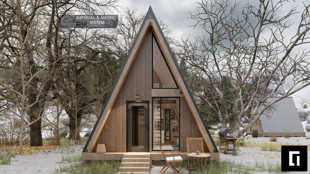 A-Frame House Cabin Plans -320SF- Blueprints – Modern, Bathroom and Loft