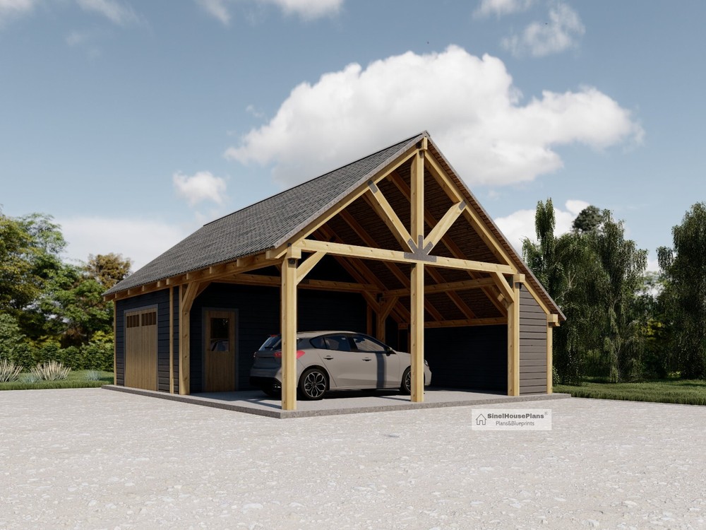 Timber Framed Garage plans with Carport, Massive Post Carport drawing