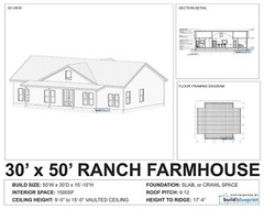 30×50 Modern Farmhouse Custom Architectural Plans 1500SF – PDF Download