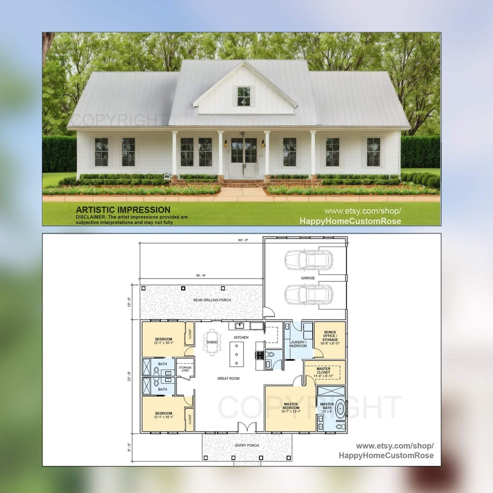 Farmhouse Barndominium – 60′ x 57′ House Plan Design – 3 Bed 3.5 Bath Office 198