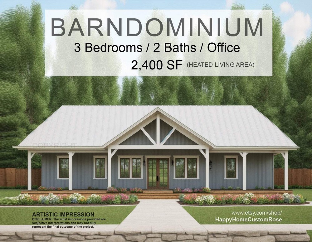 Farmhouse Barndominium – 40′ x 60′ House Plan Design – 3 Bed 2 Bath – Drawings B