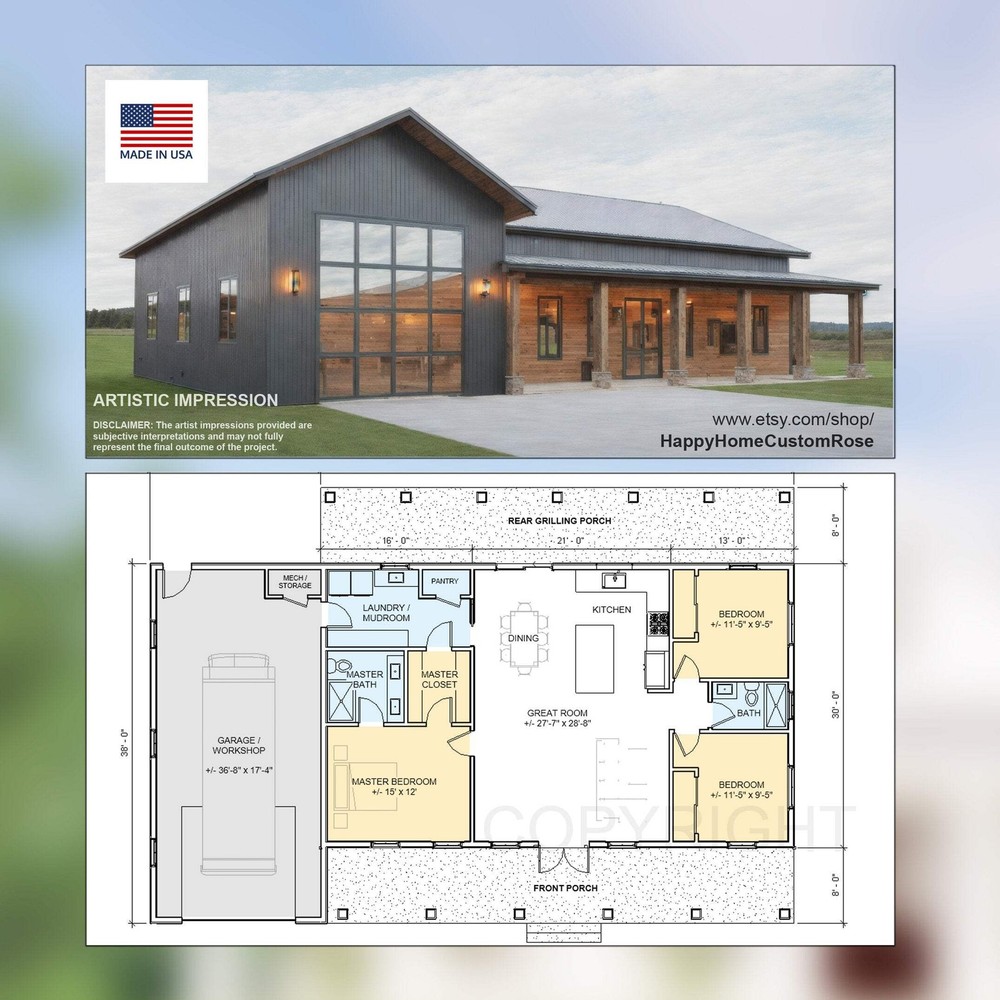 Great Oak Barn Barndominium Modern House Open Plan Design 68 x 38 – 3 Bed 2 Bath