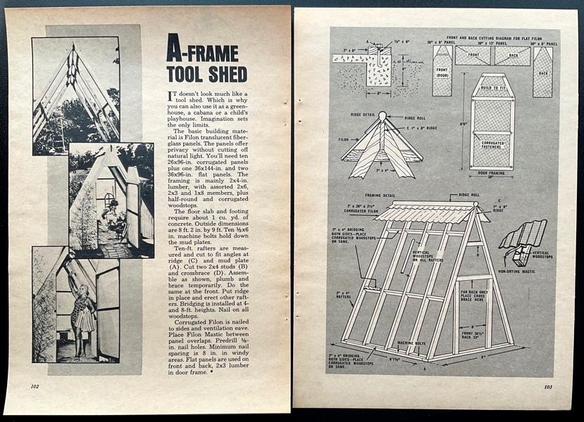 “A-Frame Tool Shed” 8′ x 9′ Garden~Greenhouse~Cabana 1967 HowTo Build PLANS