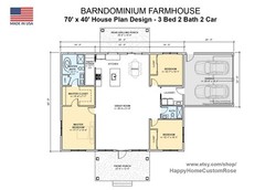 Grand Gable Barndominium Farmhouse – 70′ x 40′ House Plan Design – 3 Bed 2 Bath