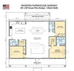 Bold Birch Barndominium Modern House Open Plan Design 54 x 36 – 3 Bed 2 Bath – D