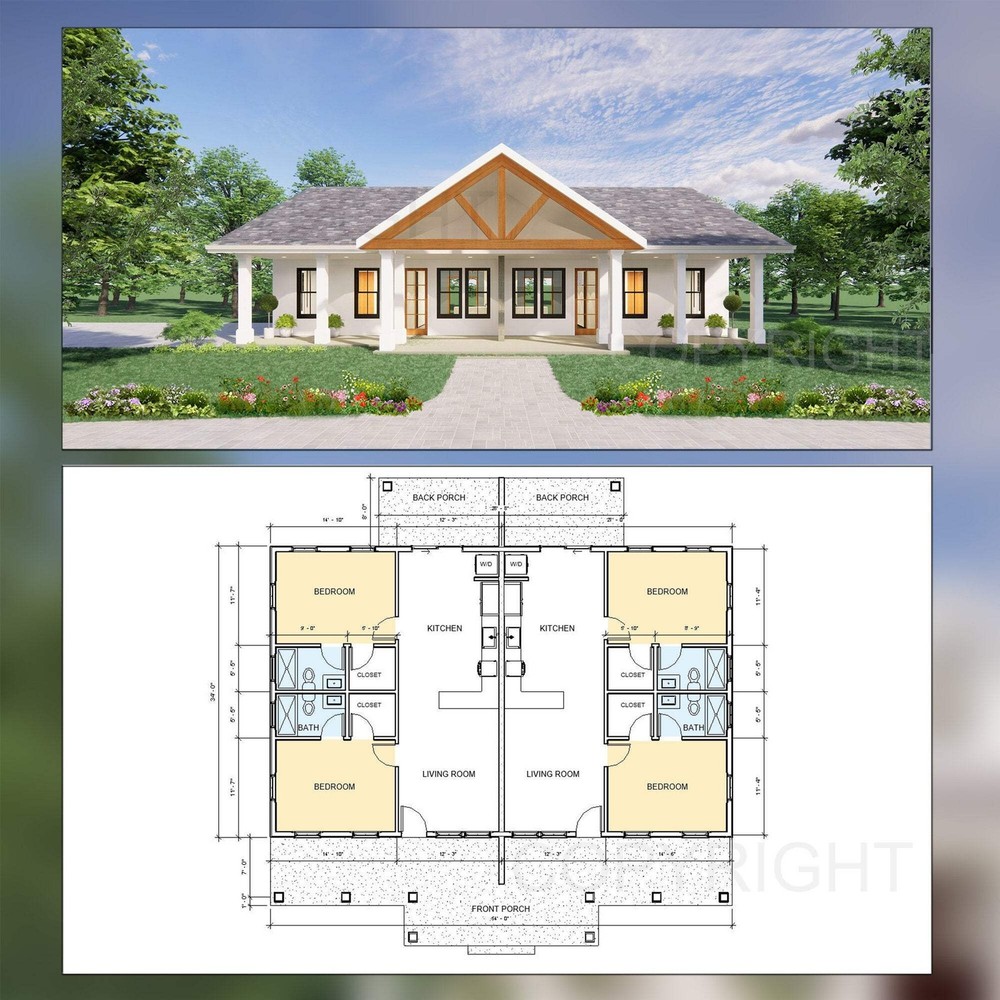 Gable Truss Duplex House Plan Design – 1820 SF – Modern Spacious Multifamily – D