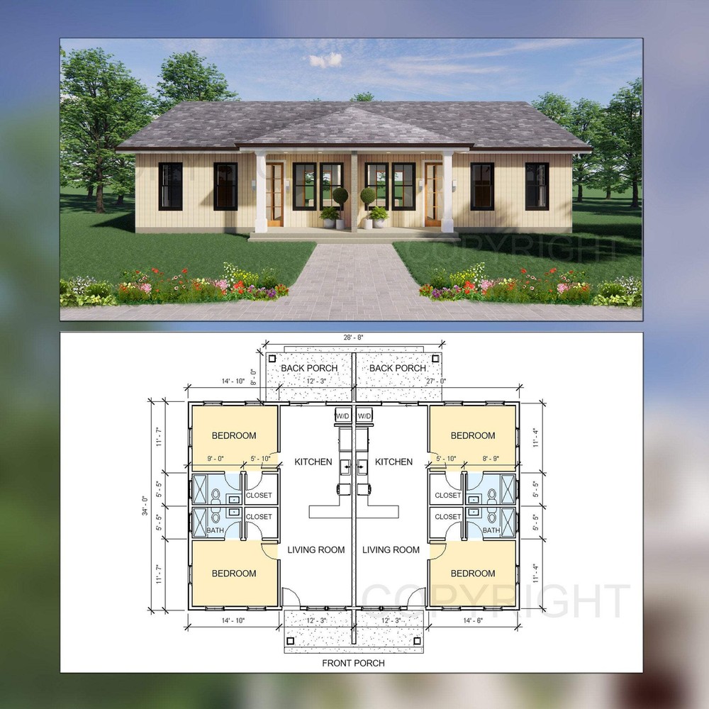 Hip Roof Duplex Investment Rental House Plan Design – 1820 SF – Modern Spacious