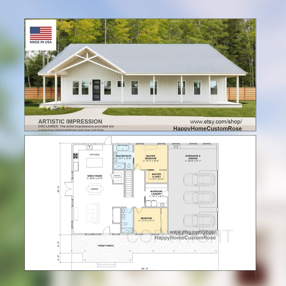 Luxury Farmhouse Barndominium – 64′ x 40′ House Plan Design – 2 Bed 2 Bath – Dra