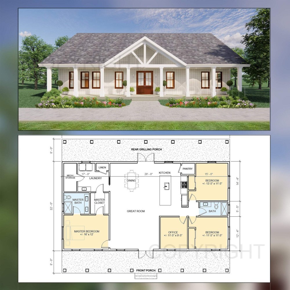 Lakeview House Plans – Open Plan Design – Modern Farmhouse 3 Bed/2 Bath + Home o