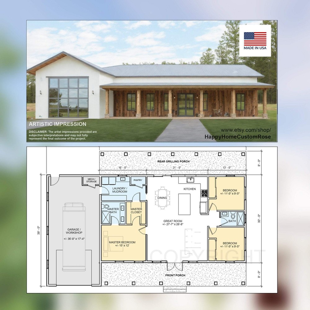 Great Oak Barn Barndominium Modern House Open Plan Design 68 x 38 – 3 Bed 2 Bath