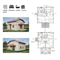 2 Story House Floor plans and blueprints, 1358sqf/126m2, 3-bedrooms 2-bathrooms