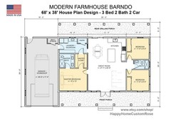 Great Oak Barn Barndominium Modern House Open Plan Design 68 x 38 – 3 Bed 2 Bath