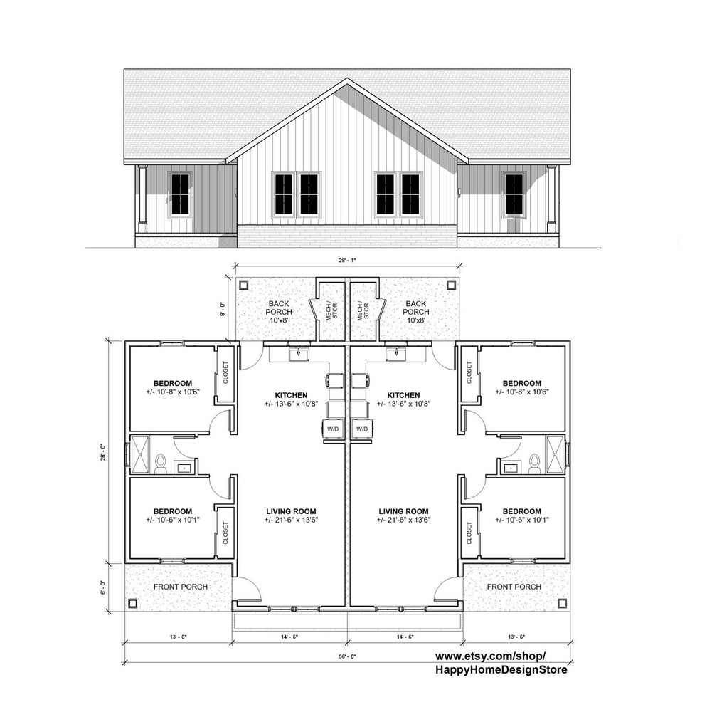 Twin Investment Duplex 2 bed 1 bath (56’x34′) 1740 SF Custom House Plans and Blu