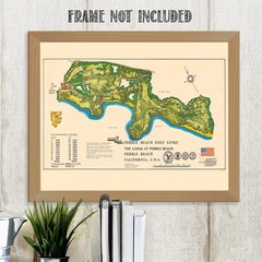 Pebble Beach Golf Links Vintage Course Map California Illustrated Wall Art