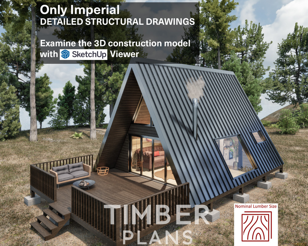 A Frame Tiny House Plan, 20’x24′ A Frame House Plans, Hard Copy