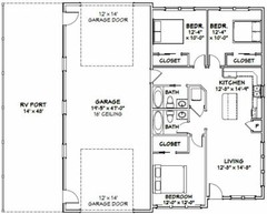 46×48 House – 3 Bedroom 2 Bath 1 RV – 1,157 sqft – PDF Floor Plan – Model 3
