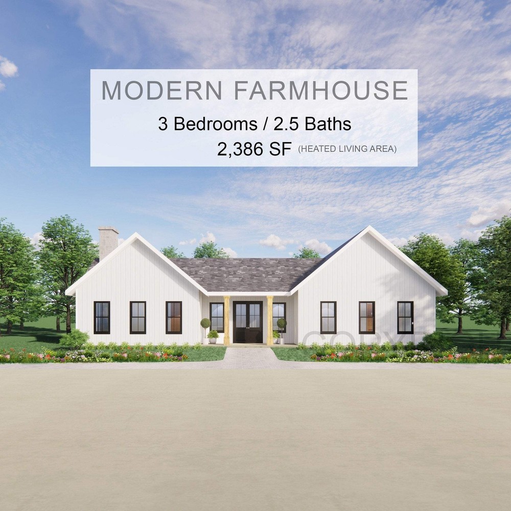 Twin Peaks Modern Farmhouse House Plan Design – 3 Bed 2.5 Bath 2386 sq ft – Draw