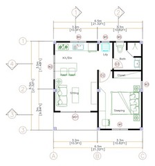 21×21 Feet Tiny House Plans 6.5×6.5 Meter 1 Bed 1 Bath Gable Roof (A4 Hard Copy)