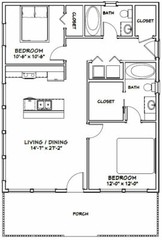 28×34 House — 2 Bedroom 2 Bath — 952 sq ft — PDF Floor Plan — Model 1D