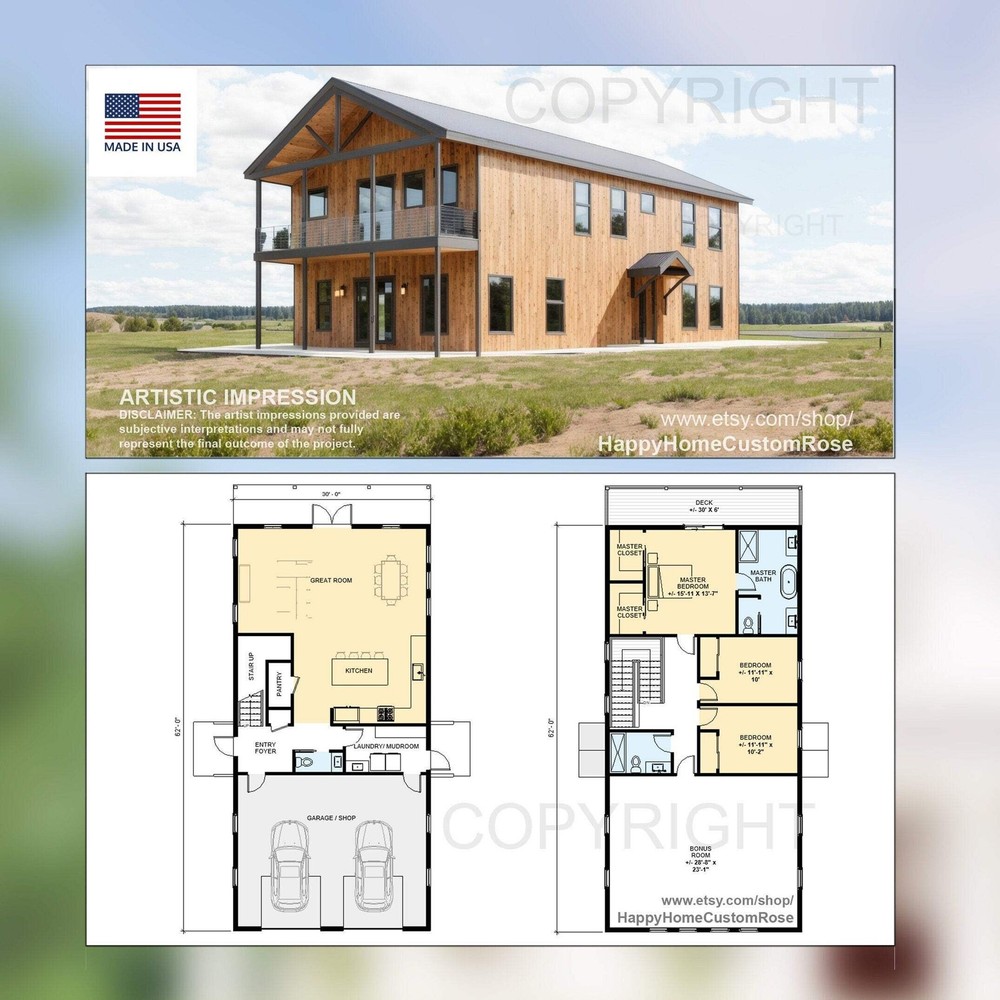 Tall Oak Two-Level Barndominium House Plan – 2300 SF, 3 Bed 2.5 Bath with 2-Car