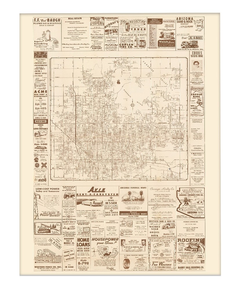 Phoenix Arizona Vintage City Map Mid Century Street Plan with Historic Ads