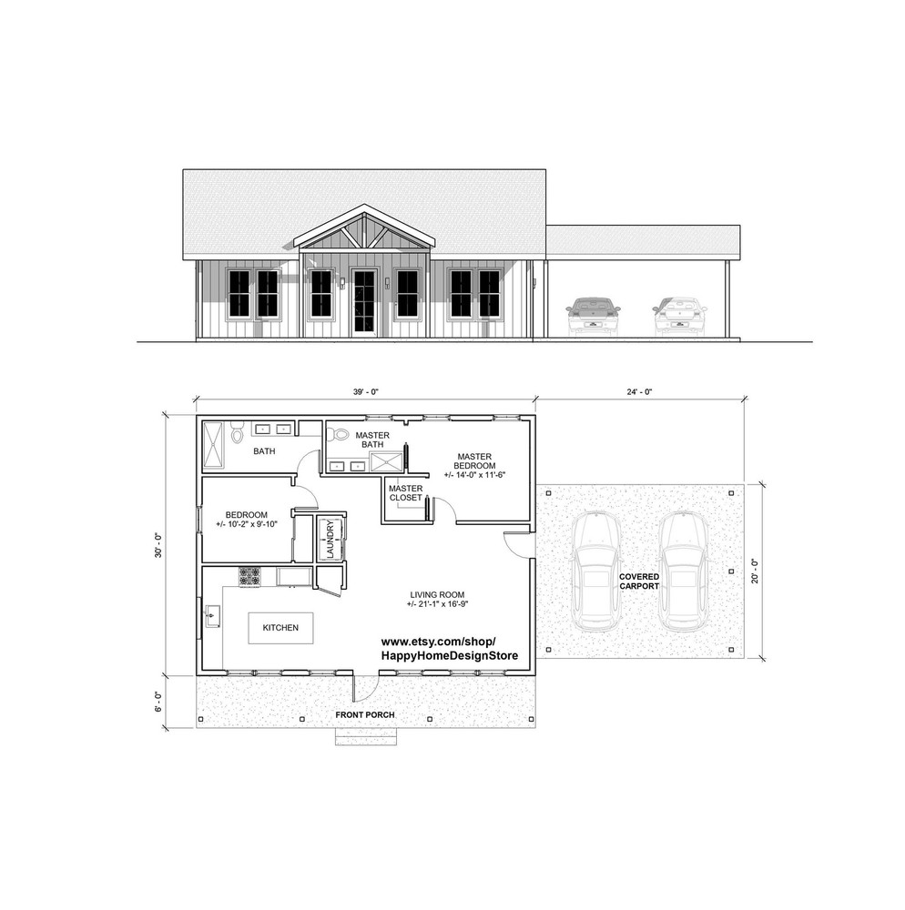 Classic Compact Barndominium 2 car carport – 2 bed 2 bath (39’x30′) 1170 SF Cust