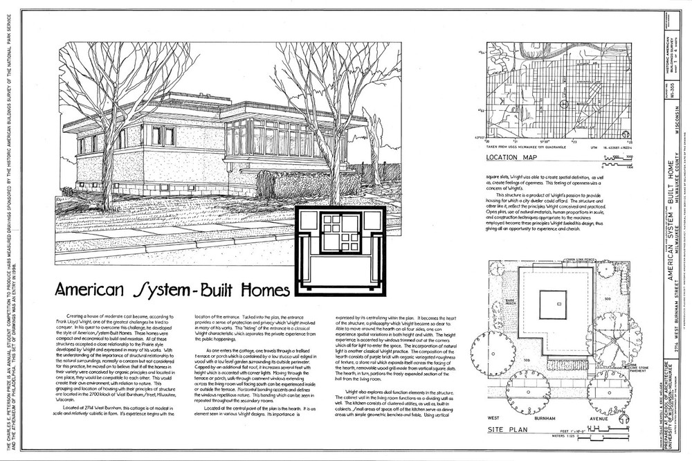Frank Lloyd Wright, single story house plans, narrow lot, Prairie Style home