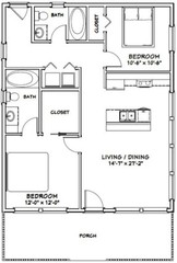 28×34 House — 2 Bedroom 2 Bath — 952 sq ft — PDF Floor Plan — Model 1F