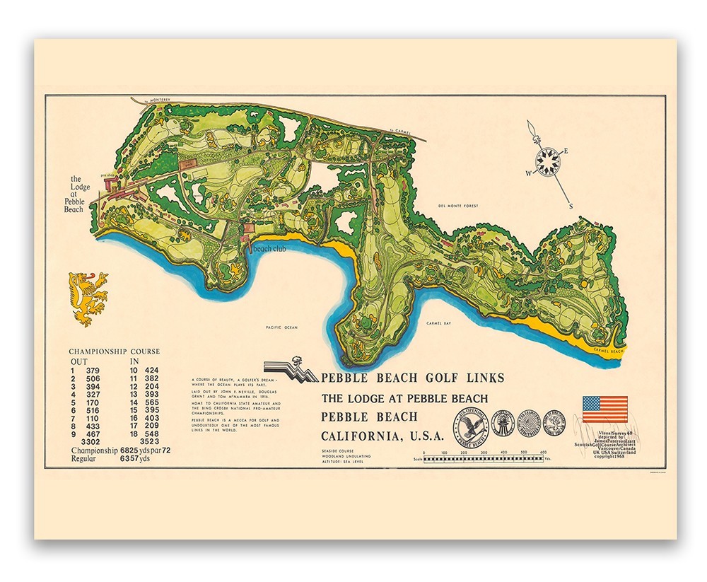 Pebble Beach Golf Links Vintage Course Map California Illustrated Wall Art