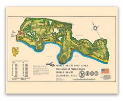 Pebble Beach Golf Links Vintage Course Map California Illustrated Wall Art