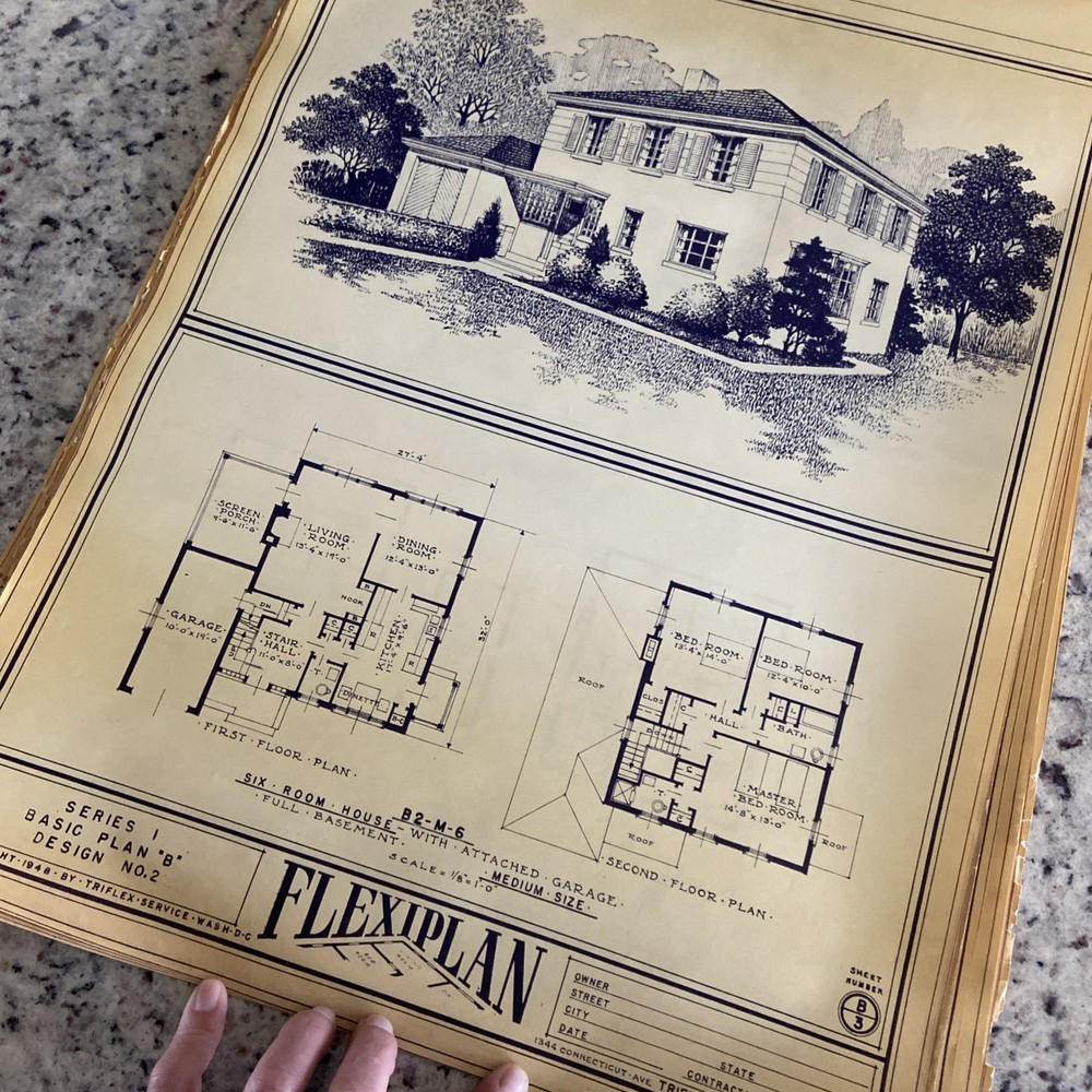 Vintage 1948 4 Square Home Plan Drawing Blueprint Triflex Service Washington DC