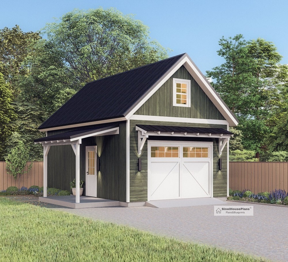 Single Garage Architectural Plan with Loft, 16’x24′ Traditional Garage Blueprint
