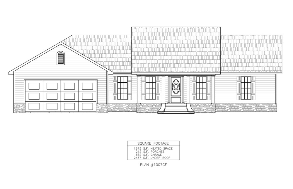 Ranch House Plans 1673 SF 3 Bed 2 Bath Split BR Front Garage (Blueprints) 1007GF