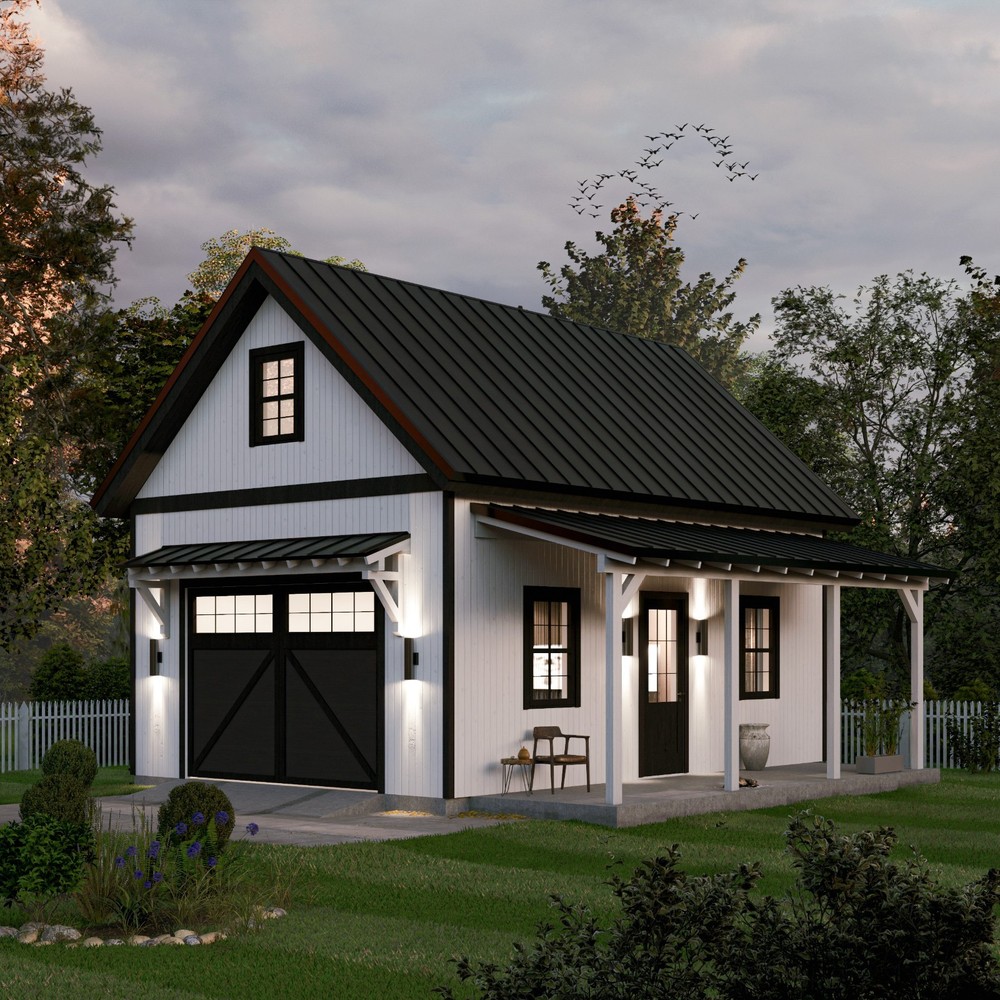One Car Garage Plans with Loft & Covered Porch/Workshop Shed Blueprints