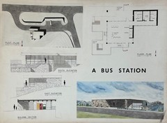 Vintage 1970s Bus Station Building Architectural Rendering Plans Blue Prints