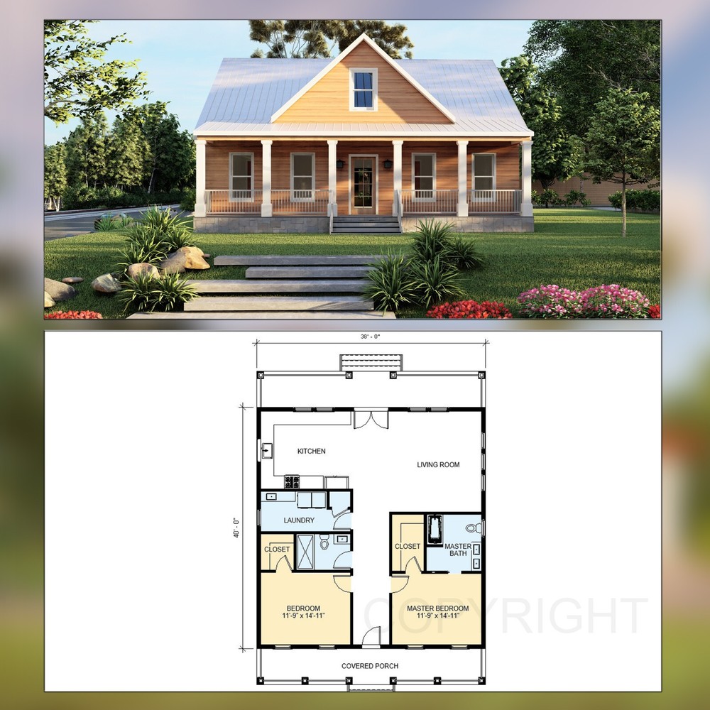 Affordable 38′ x 40′ Farmhouse Cottage Design – Modern 2 Bed – Drawing Blueprint