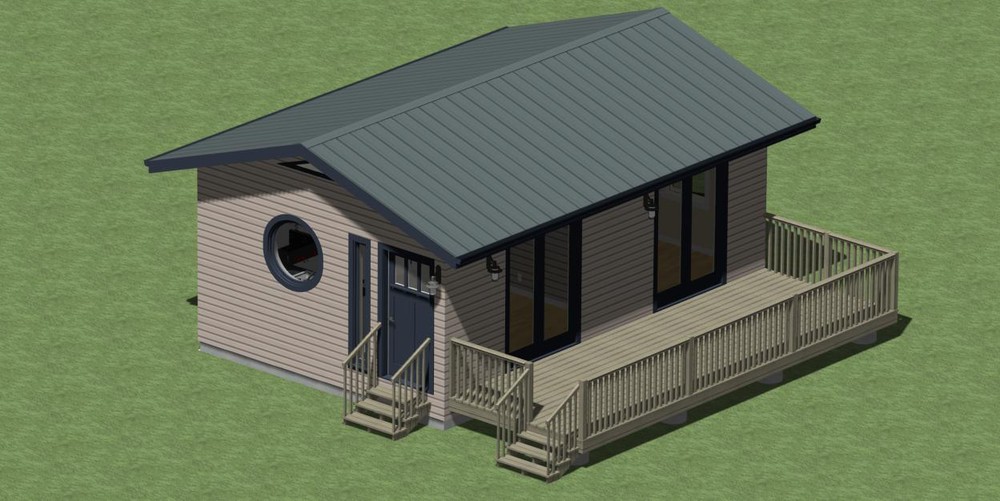ADU PLANS 384 square feet with one bedroom and outdoor deck.