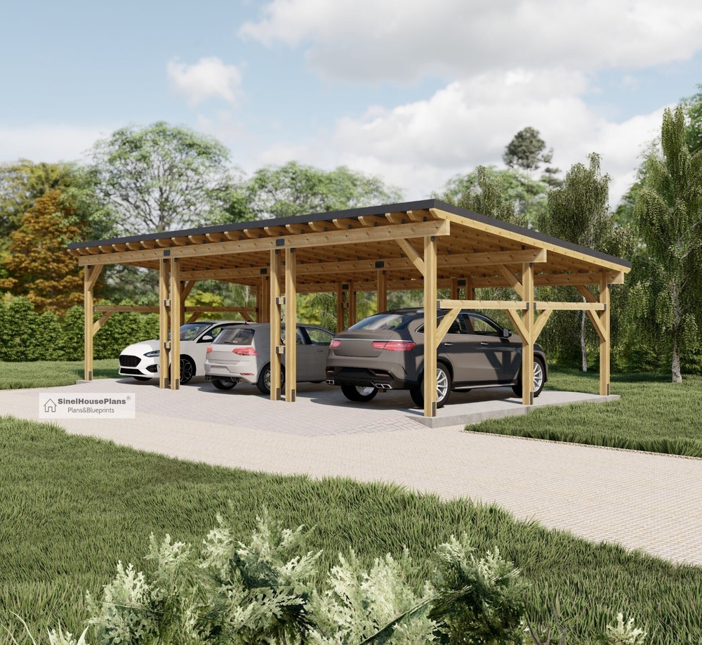 3 Car Carport Plans, Modern 36′-3”x18′ Lean to Pavilion Blueprints