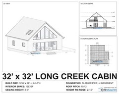 32′ x 32′ Modern Vacation Cabin Architectural Plans 1363SF – PDF Download