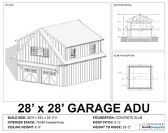 28′ x 28′ Two Car ADU Garage Loft Architectural Plans – PDF Download