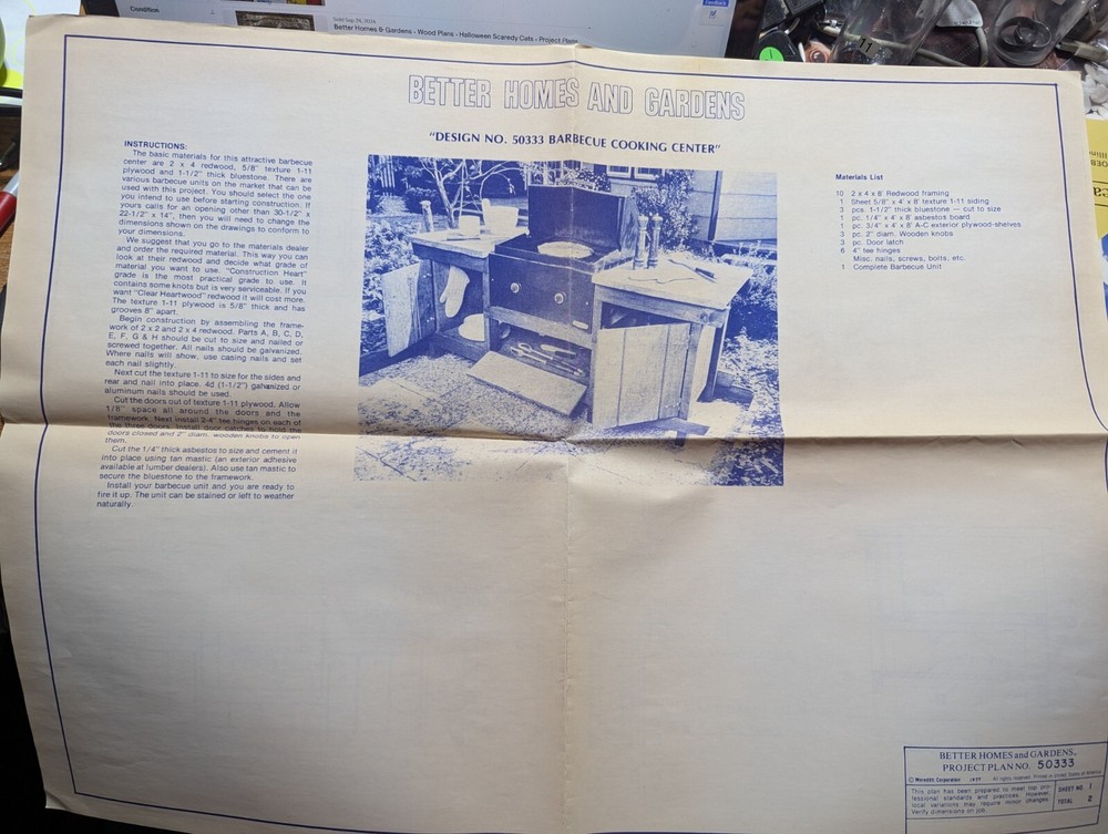 Better Homes & Gardens Wood Plans 1977 BBQ Cooking Center or Folding Cnvas Bench