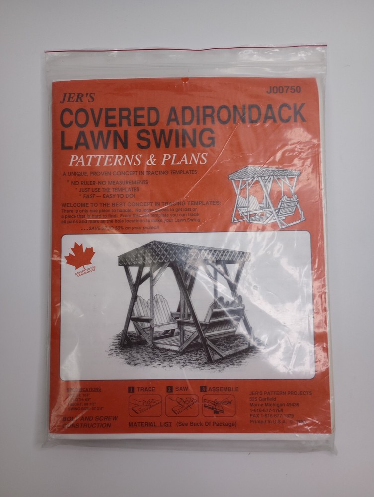 Jer’s Patterns & Plans#J00750 Build Yourself Covered Adirondack Lawn Swing Vintg
