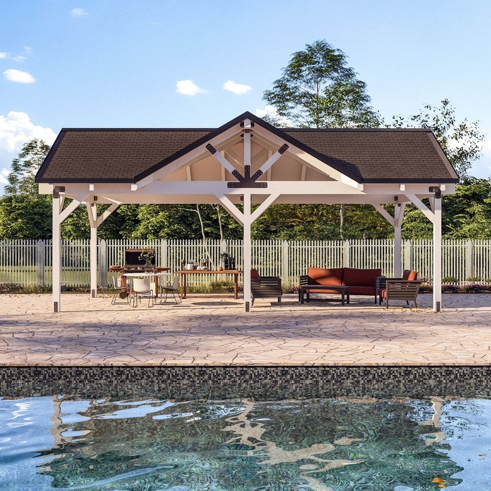 3 Gable Timber Pavilion Plans | 14’x28′ Outdoor Pavilion Blueprints